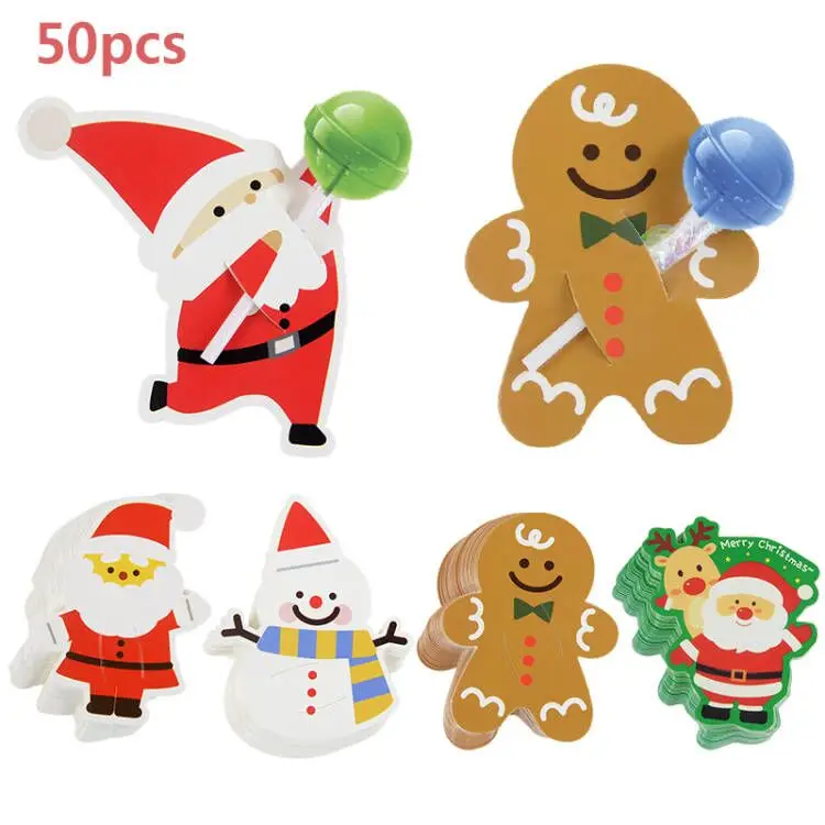 

50PCS Christmas Lollipop Paper Cards Holder Xmas Lollipop Candy Wrapper Snowman Deer Packaging Supplies Christmas Decorations