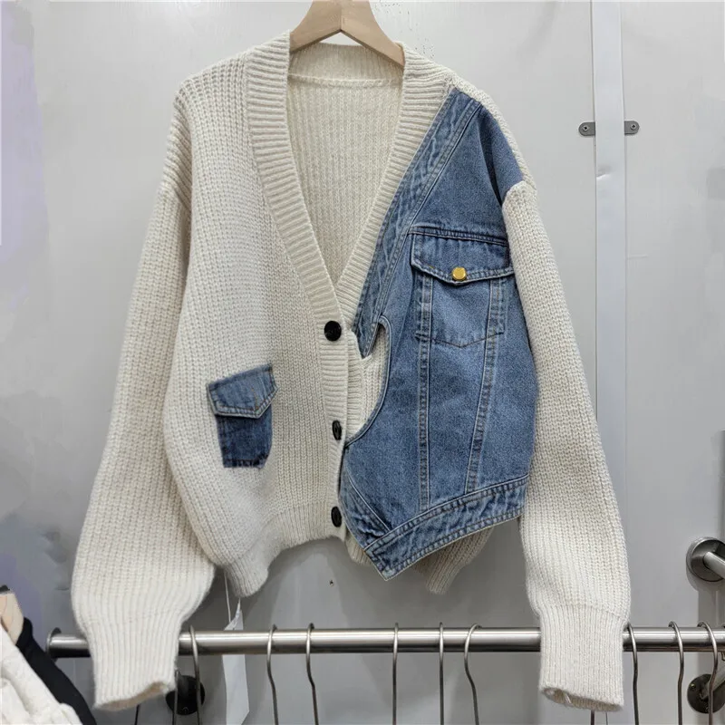 V-neck Irregular Single-breasted Denim Patchwork Knitted Jacket Grey Beige Coffee Color Casual Long Sleeve Female Knitwear Coat