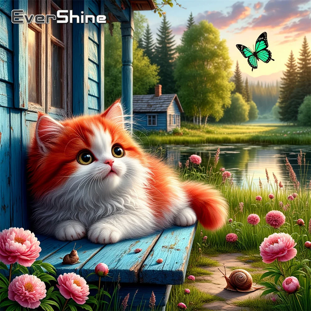 Evershine Diamant-Mosaik Haus-Landschaft Vollflächiges Diamantbild Baum-Motiv mit Strass-Stickerei Katze Neuerscheinung Heimdekoration