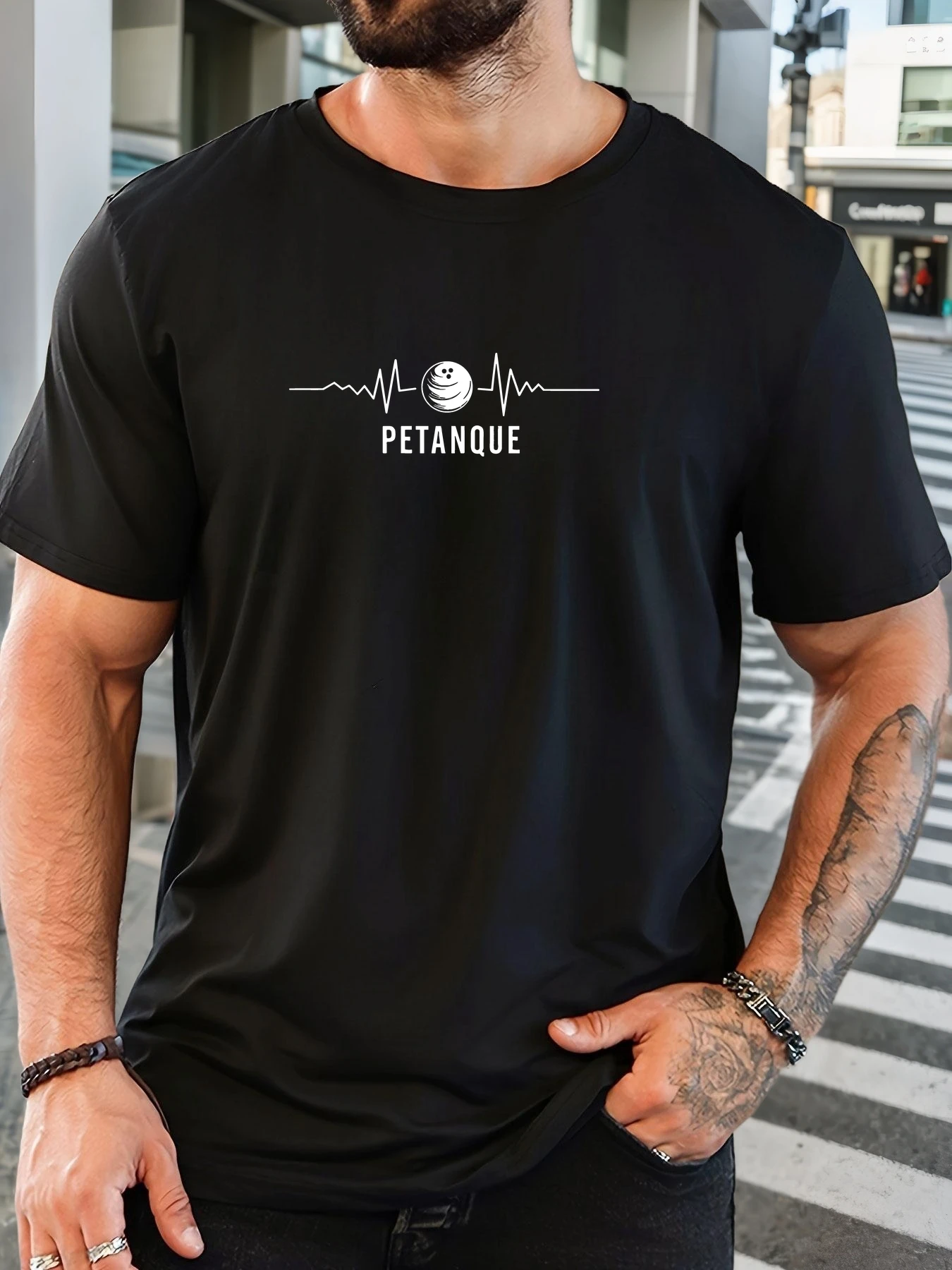 Men White Crew Neck Tee Simple ECG Heartbeat Line Petanque Ball Print French Bocce Sport Lover Soft Cotton Male Casual Tops