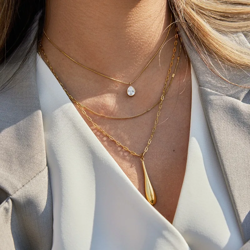 

Water Drop Multi-Layer Pendant Necklace Set Teardrop Cz Dainty Chain 18k Gold Plated Stainless Steel Necklace Fashion Jewelry