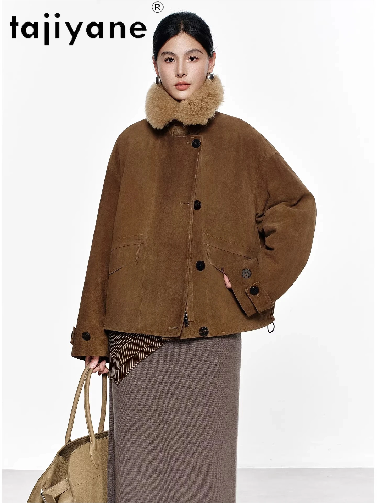 TAJIYANE 100% Skóra naturalna, płaszcz z puchem gęsim, damski płaszcz z kaszmirowym kołnierzem, krótka kurtka ze skóry naturalnej, odzież damska 2025, nowa kolekcja wierzchnich odzieżowych elementów.