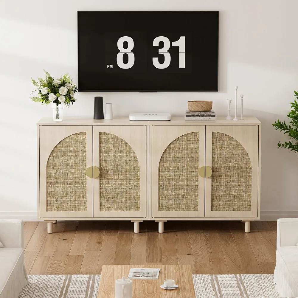 Armoire de rangement en rotin, buffet Boho beige avec étagère réglable, loquet de porte magnétique. (2 pièces, Beige.)