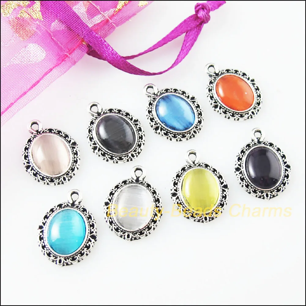 16Pcs Mixed Retro Tibetan Silver Stone Oval Charms Pendants 13.5x18mm