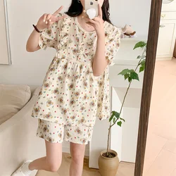 Bear Heart Print Cartoon Short Sleeve Shorts Casual Pajamas Set Women Korean Princess Kawaii Elegant Loose Two Piece Set Ins