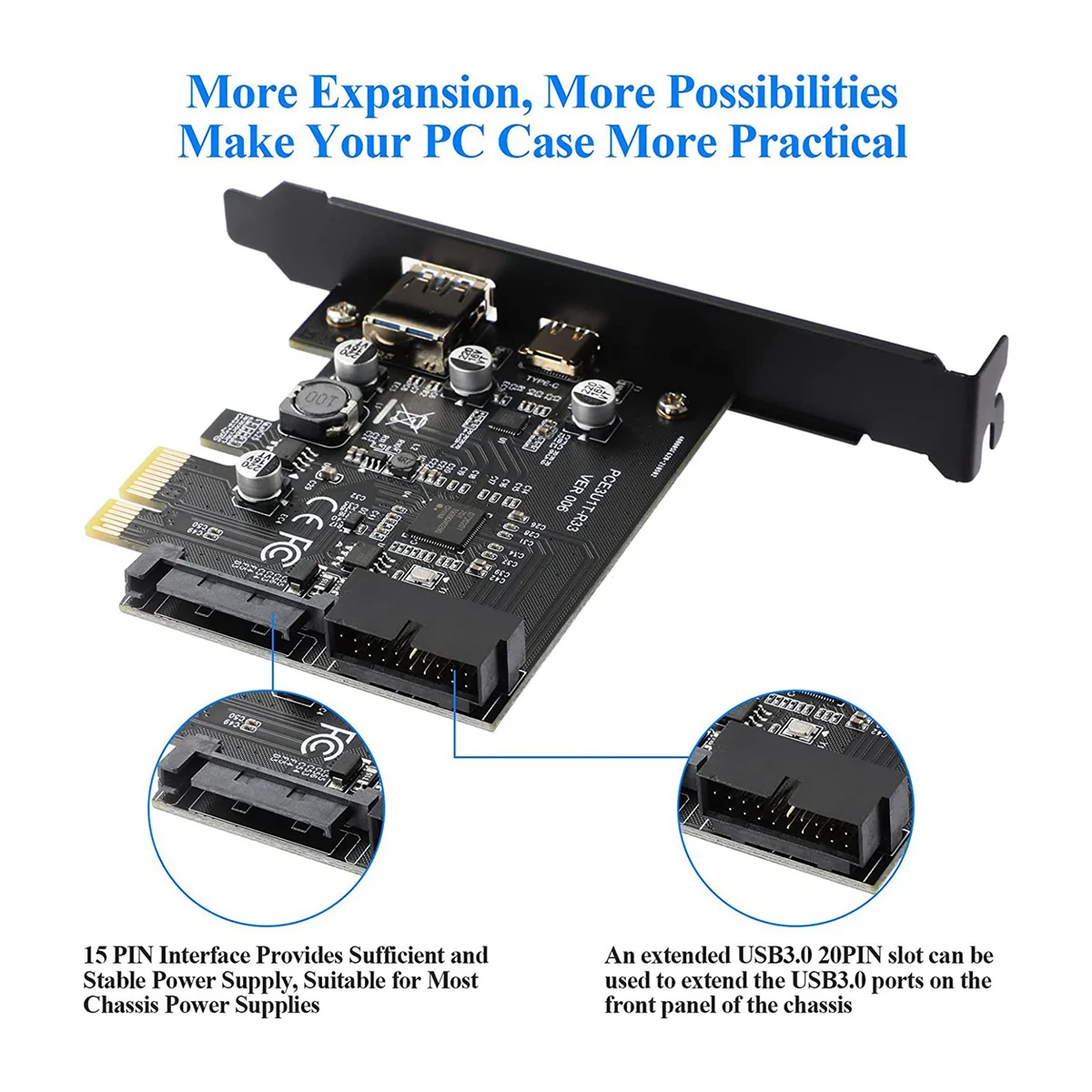 Carte adaptateur avant PCI-E 1X vers USB 3.2, Gen1, USB 3.2, Type C, 2 ports, Type C + Type A, 6 000 cartes