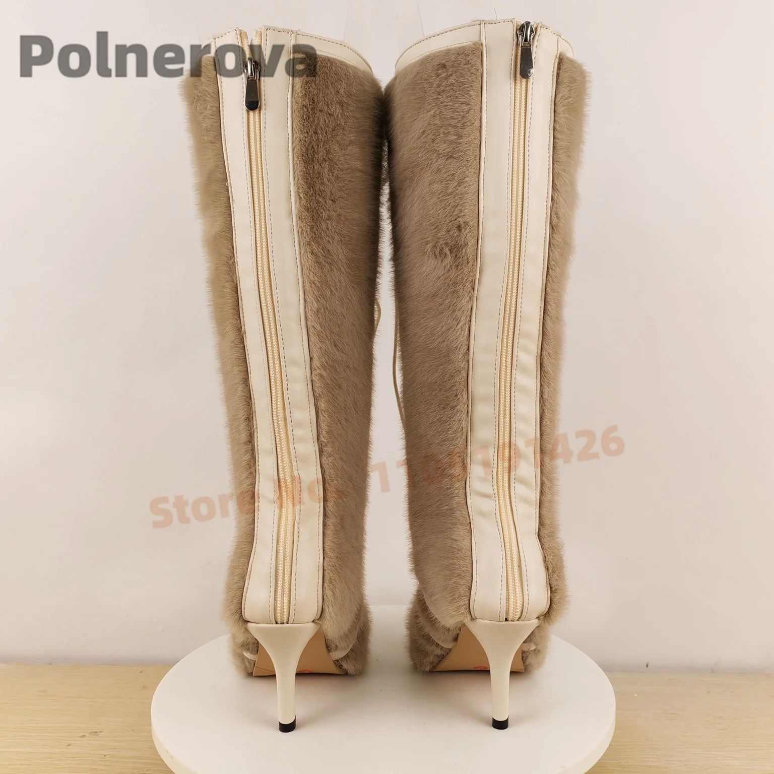 Kniehoge Voorkant Kruis Gebonden Bont Laarzen Vrouwen Uitsparing Holle Gesp Harige Herfst Winter Mode Hoge Hak Catwalk Party Schoenen