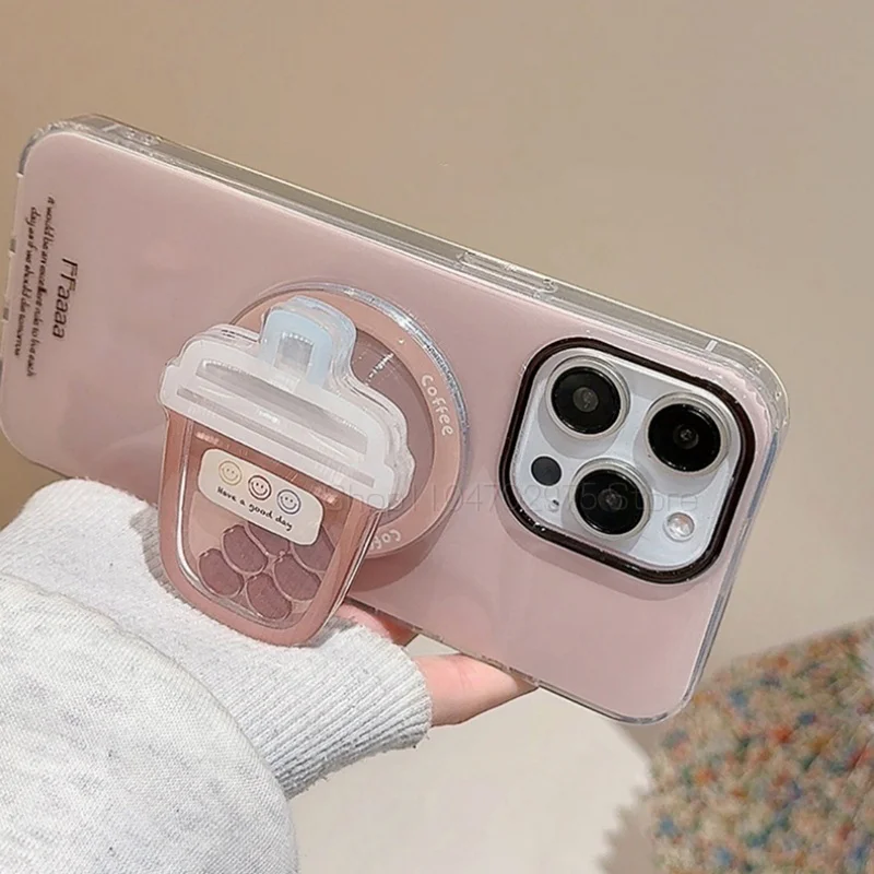 Cute Cartoon Milk Tea Cup Quicksand Shake for Magsafe Griptok Holder Phone Finger Ring Stand Support for IPhone 15 Girl Bracket view 4
