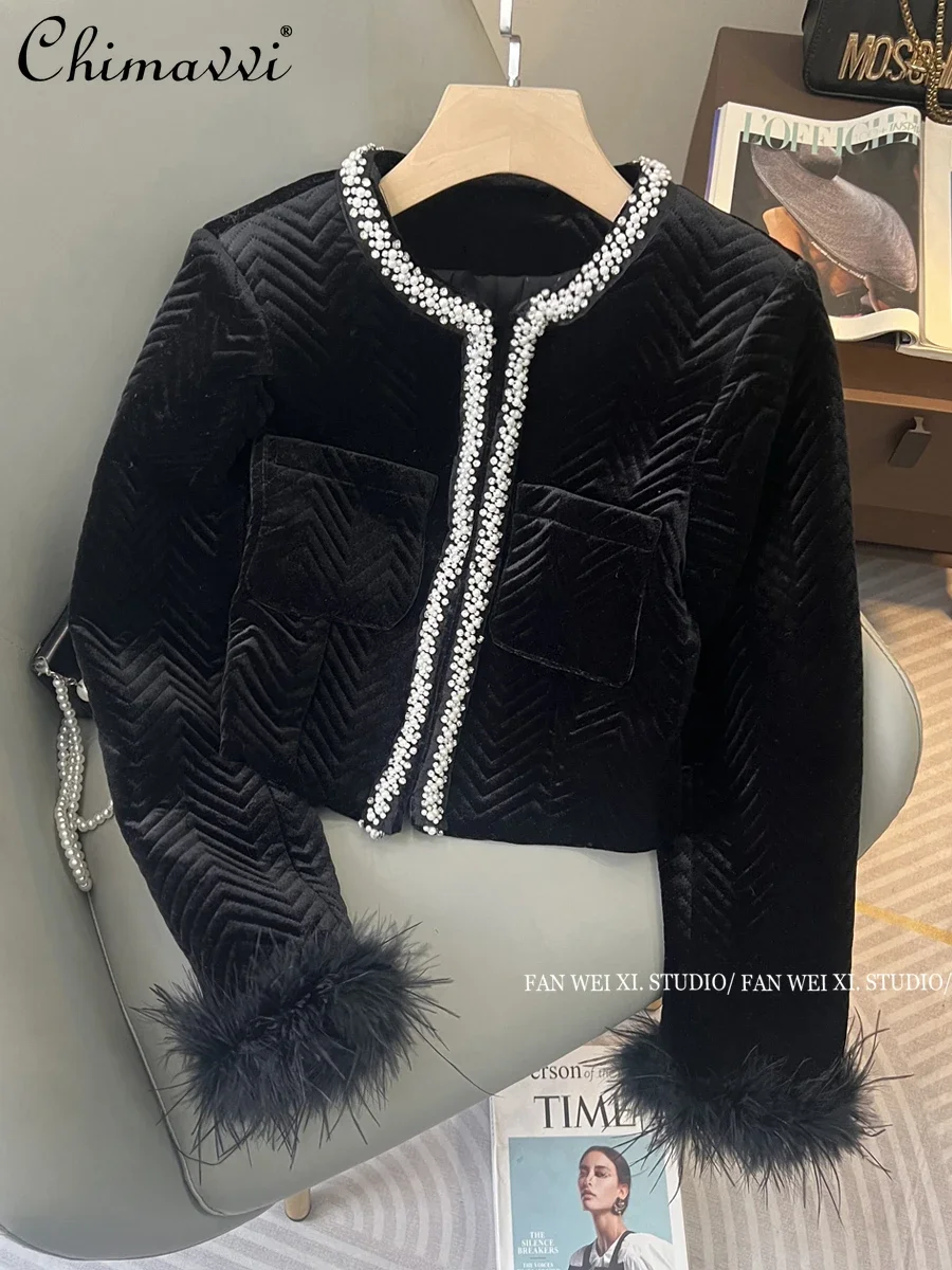 

2023 Autumn Winter New High-Grade French Style Beads Round Collar Jacket Fashion Black Velvet Slim-fit Short Coat Women's Top