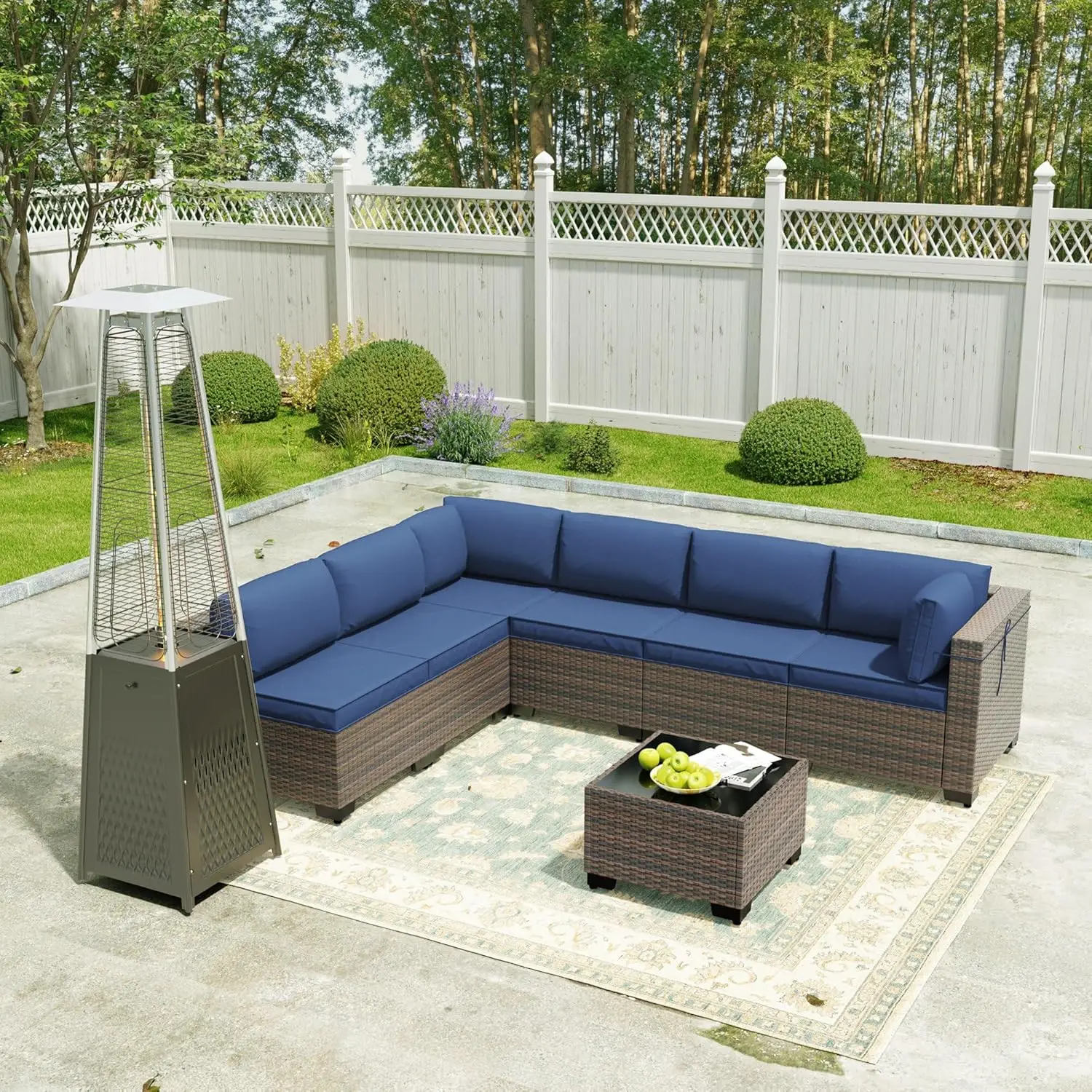 

Kullavik Outdoor Patio Furniture Set with 48000 BTU Outdoor Pyramid Patio Heater,PE Wicker Rattan Sectional Sofa