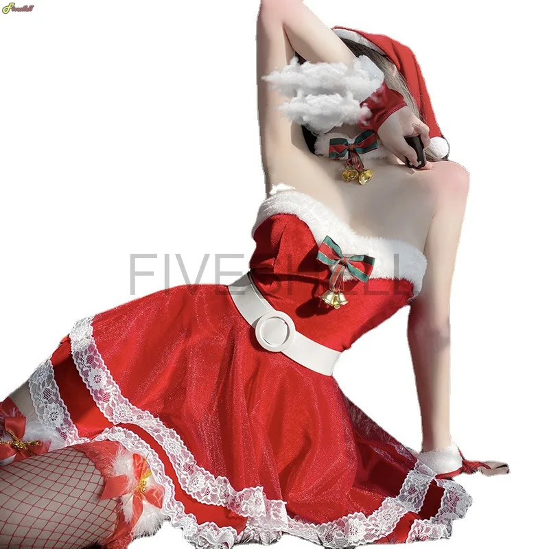

Женский рождественский сексуальный костюм Санта-Клауса для косплея, сексуальное женское белье, зимнее красное мини-платье без бретелек с галстуком и шляпой на рукаве