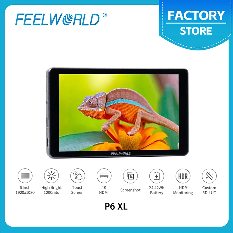 

FEELWORLD P6XL 6" Touchscreen On-Camera Monitor, 4K HDMI, 1200nit, Built-in Battery