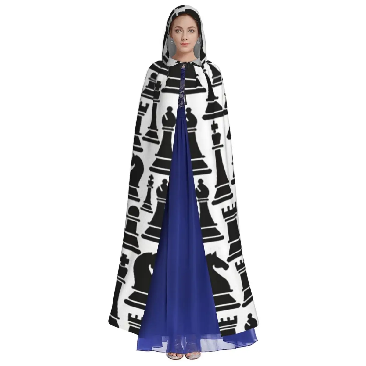 Padrão de xadrez em preto e branco longo com capuz capa bruxa traje medieval cosplay capa halloweencoat adulto unisex