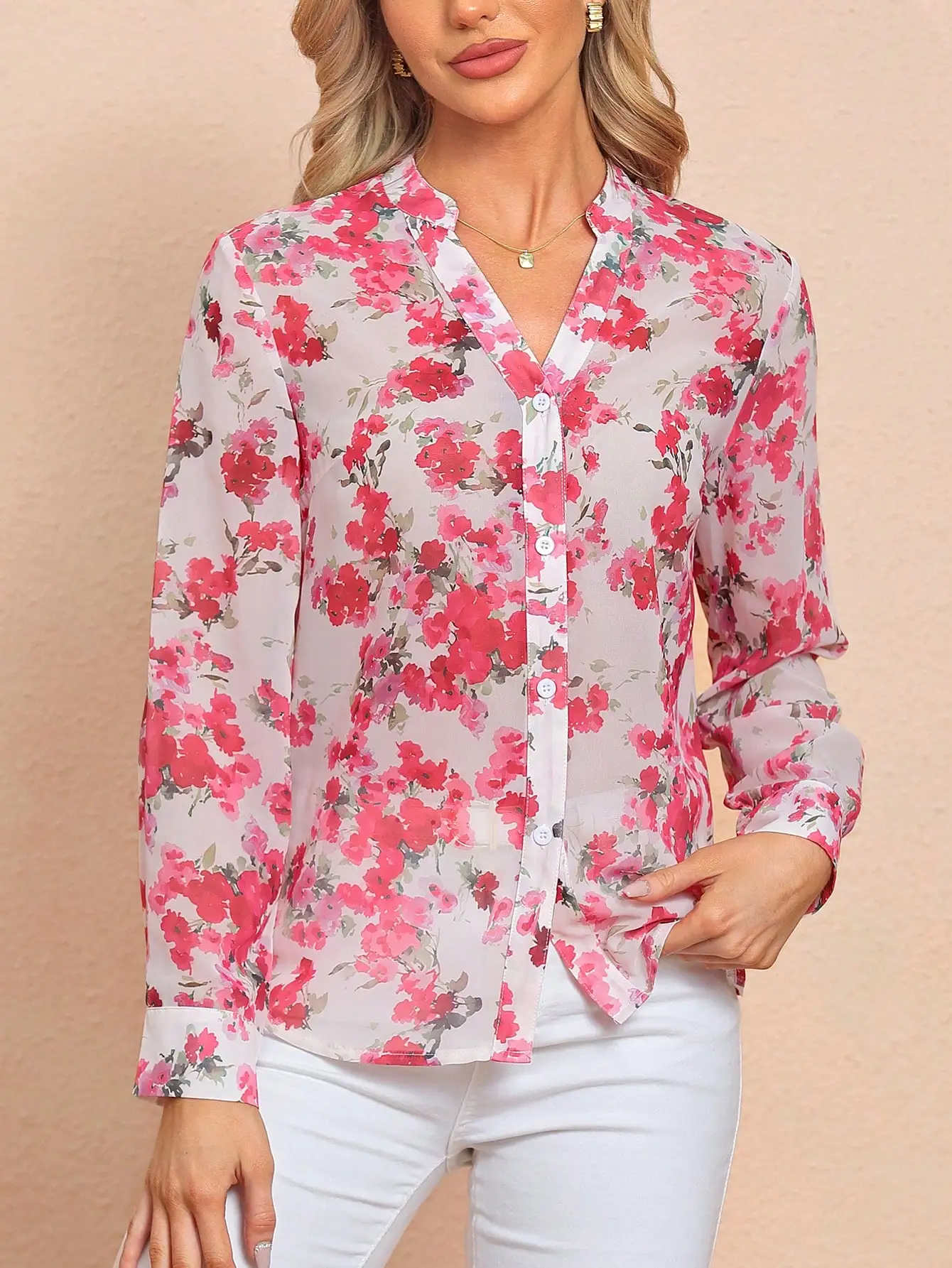 2024 Cross-border Europe and the United States casual style top floral long sleeve V-neck chiffon shirt