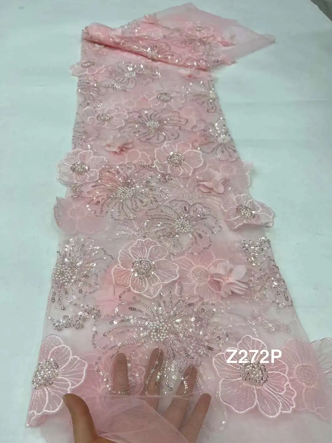 

Pink African 3D Flower Lace Fabric for Sewing Party Dress Dubai Sequins Tulle Beads Embroidered Nigerian Lace Fabric 2024 Latest