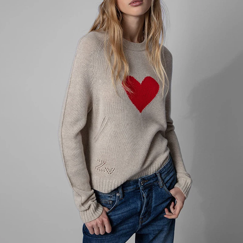 

Khaki Thin Sweaters Women Red Heart Knitted Pullover Female Long Sleeve Jumpers Casual Crew Neck Sweater Tops Embroidery Jumper