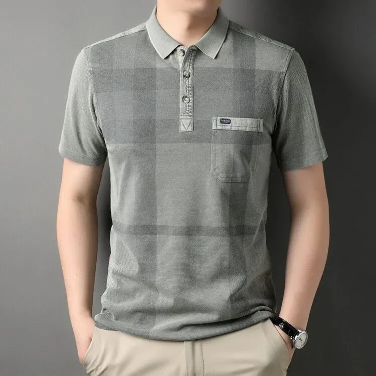 Summer New Style Cotton T-Shirt with Washed Vintage Look, High-End Men's Polo Shirt with Pockets, Antibacterial, Moisture-Wicking