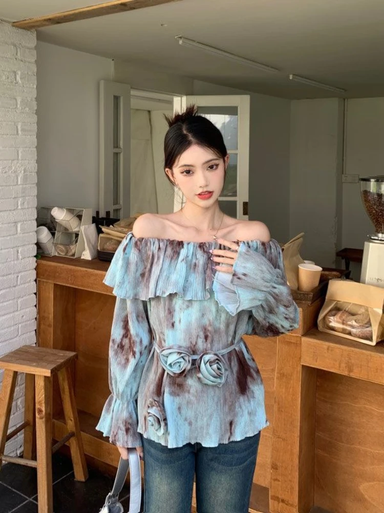 

Women's Shirt And Blouse Off Shoulder Youthful Woman Clothes Pretty Tall Novelty 2025 Sale Of New Collection Tie Dye Female Tops
