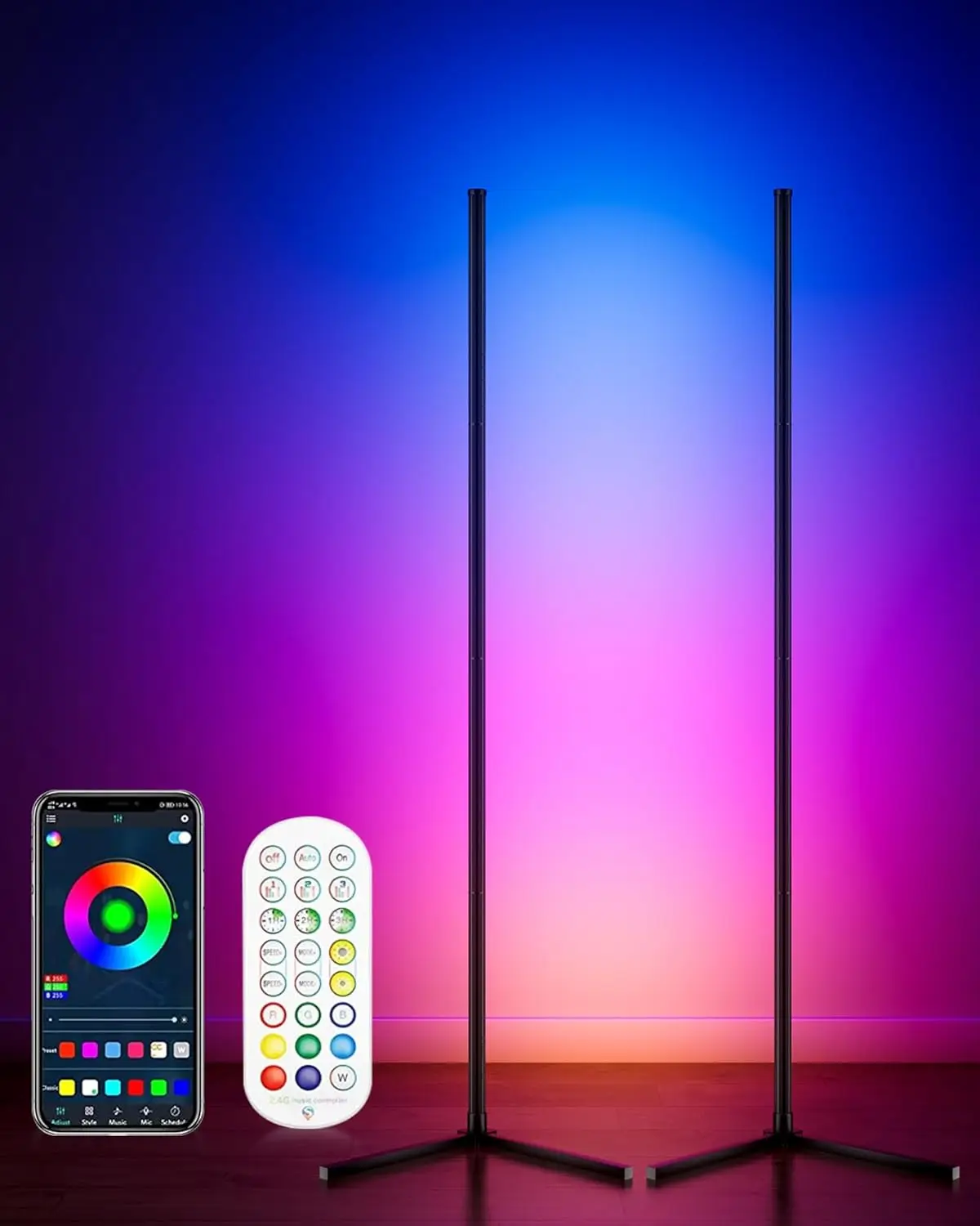 

Smart RGB LED Corner Floor Lamp 2 Pack, 65" Tall with App Remote Music Sync Timer for Living Room Bedroom Gaming