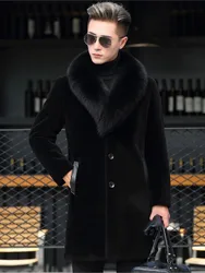 Man's Mink Coat Faux Fox Fur Jacket Single Breasted Long Overcoat 2024 Winter Thicken Long Sleeve Fake Fox Fur Collar Warm Coats