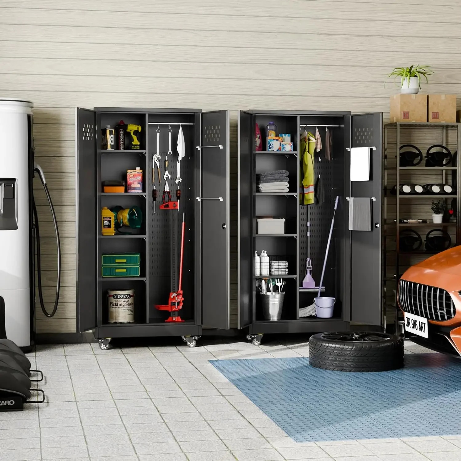 

Garage Storage Cabinet, Metal Storage Cabinet with Lockable Doors and 4 Adjustable Shelves, Tool Cabinet with Wheels