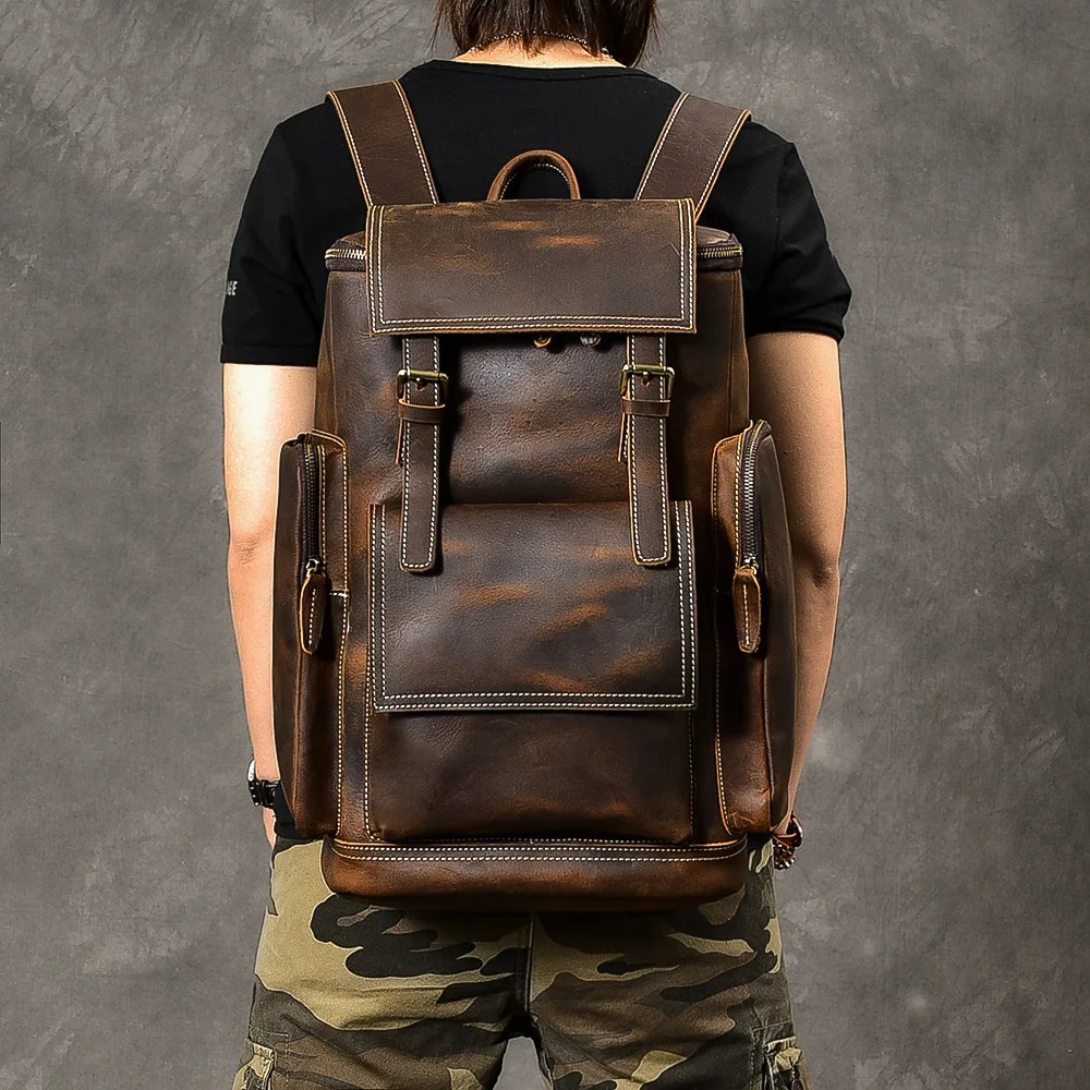 

High Capacity Travel Backpack Male Crazy Horse Leather Bagpacks for Daypack School Bag Big Laptop Backpack 15.6 Inch Bagpack Men
