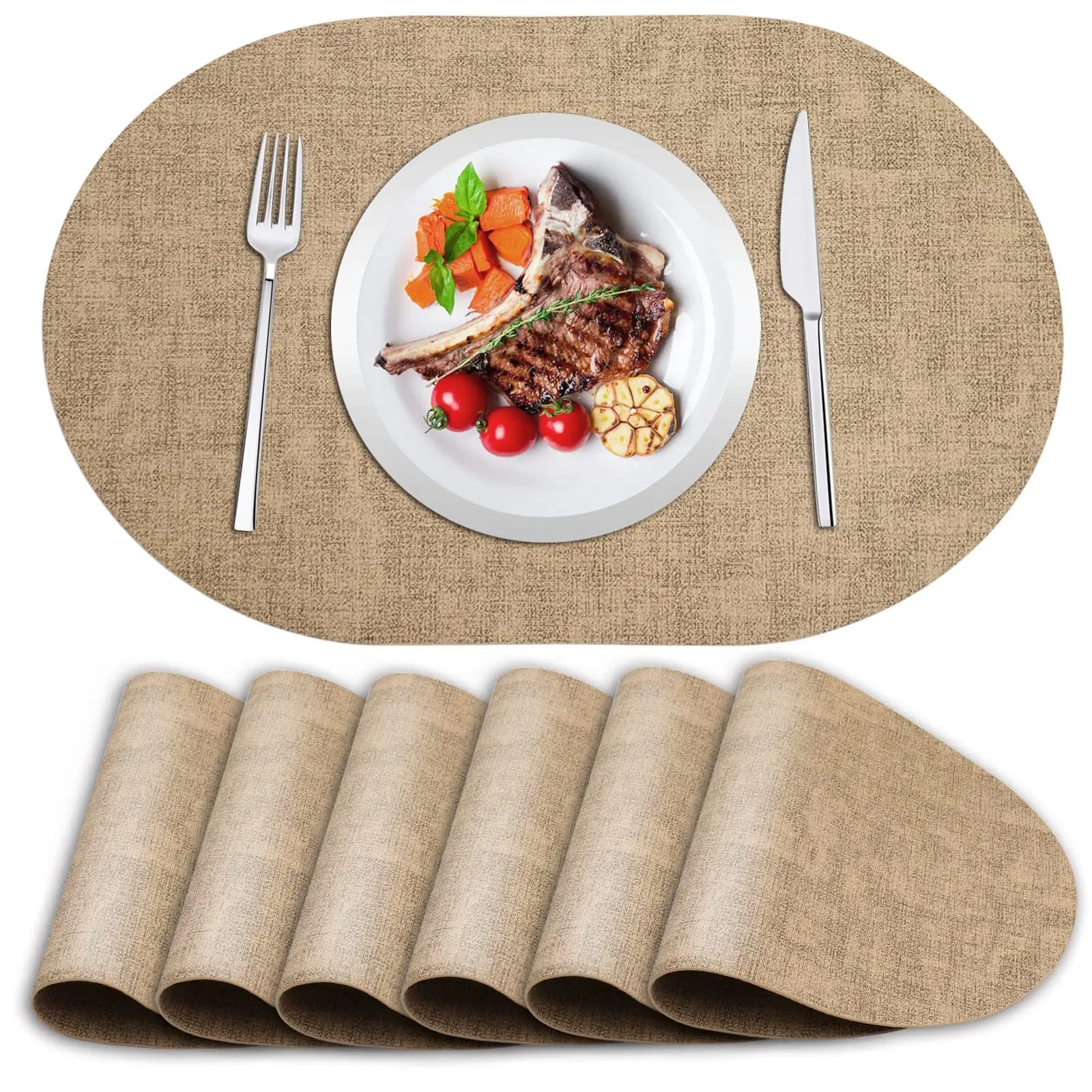 

Set of 6 Faux Leather Design Oval Placemats for Dining Table Mats Heat Resistant Waterproof Washable Non-Slip Table Placemats
