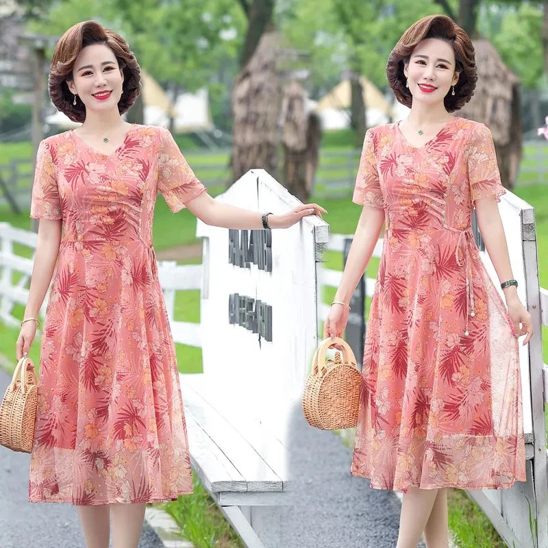 V-Neck Middle-Aged Female Gilded Gauze Short-Sleeved Chiffon Dress Female 2023Summer New Mother Temperament High-End Dress Print