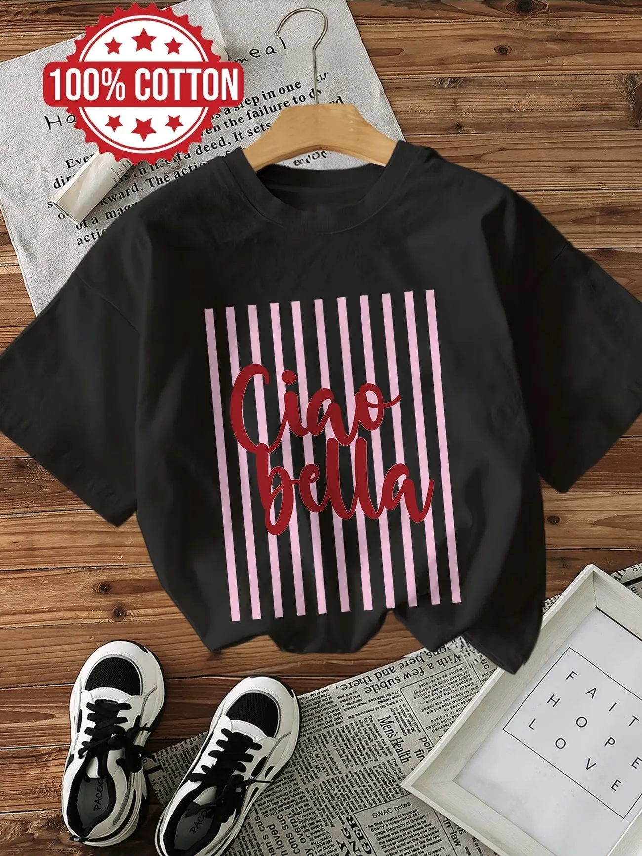 Harajuku Ciao Bella 100% Cotton Women's Retro Print T-Shirt Soft Crew Neck Short Sleeve Top Vintage Shirt Streetwear