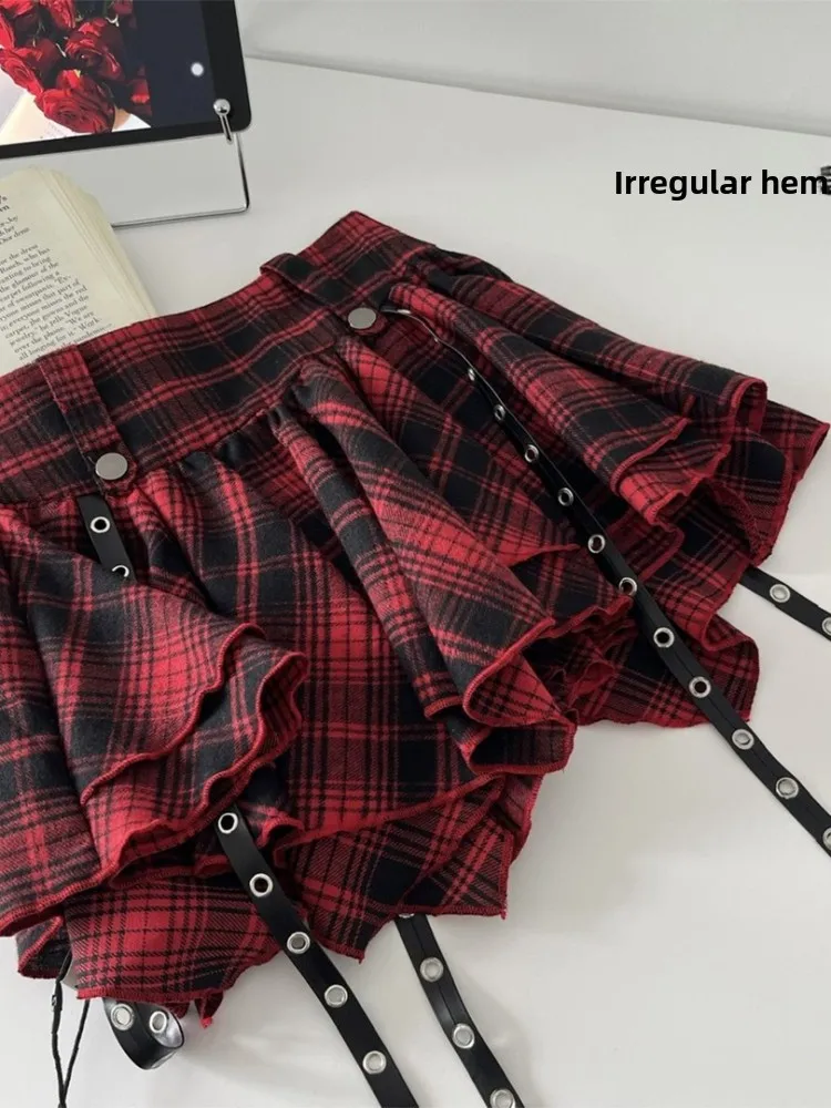 Koreangirl 夏 Y2K ハイウエスト パフィースカート または レッドチェック柄 ユニークな女の子向け スパイシーな女性用スカート レトロ 通勤 スカート
