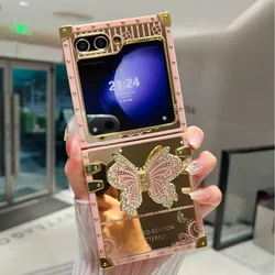Cute Square Phone Case for Samsung Galaxy Z Flip 6 5 4 3 Flip6 Flip5 Flip4 Flip3 5G Luxury Bling Glitter Butterfly Stand Cover