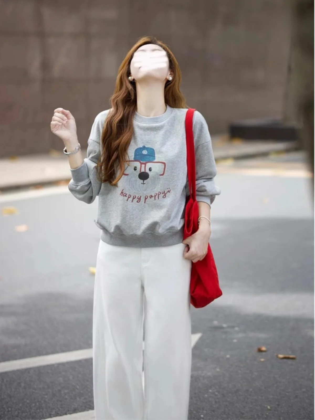 

Gray round Neck Short Fit Women's Sweatshirt Shoulder Appropriate Autumn Winter American Retro Style Printed Long Sleeve Top