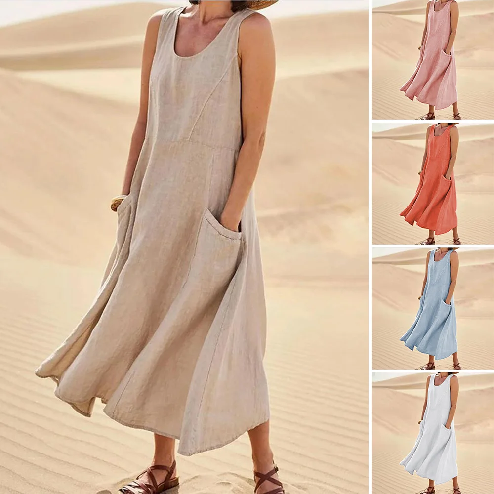 Women\'s Sleeveless Cotton Linen Dress With Pockets Boho Style Beach Tank Dress Summer Coverups Solid Color Loose Fit Nin668