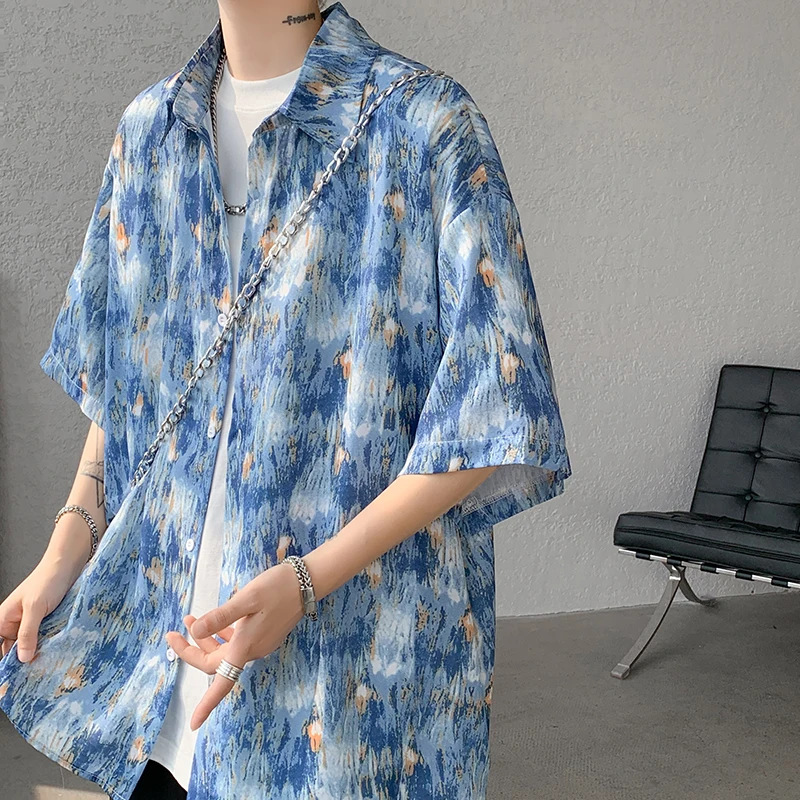 Men Ice Silk Smooth Shirt Spring Summer Thin Luxury Loose Korean Casual Shirt Beach Trendy Floral Draping Shirts Plus Size 5XL-M