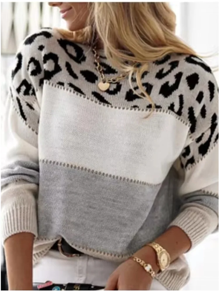 Leopard Printed Color Blocked Long Sleeved Top Women's Casual Round Neck Sweater Fashion Elegant Autumn Top