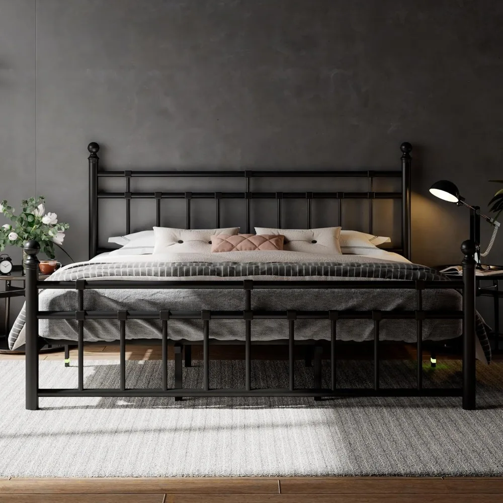 king size metal platform bed frame with victorian classic iron-art headboard &ootboard,steel slats support,12