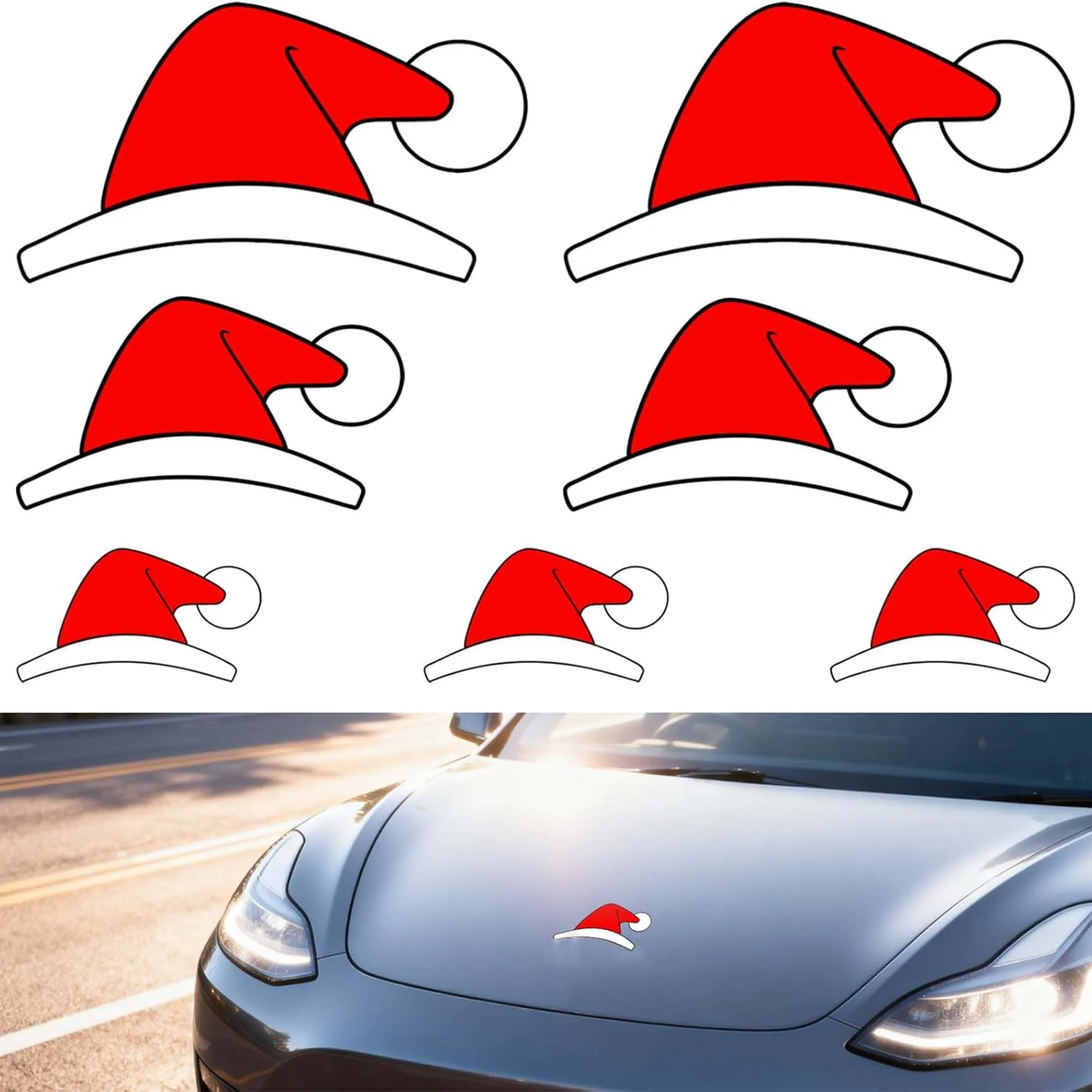 7PCS Santa Hat Christmas Car Stickers Waterproof  for Tesla Toyota Honda Ford BMW Motorcycle Universal Christmas Gift Decoration