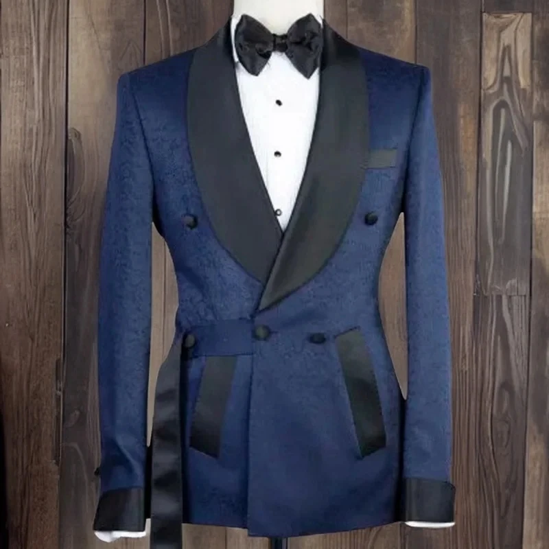 

Italian Jacquard Double Breasted Suits for Men Wedding Groom Tuxedo 2 Piece Shawl Lapel Blazer with Pants Custom Formal Costume