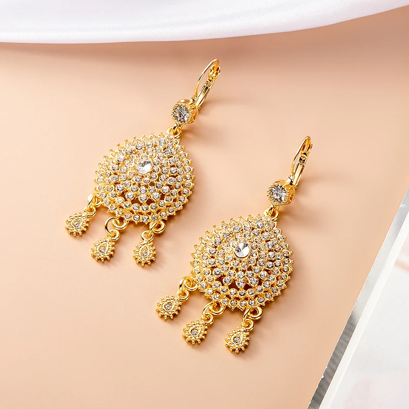 Luxury Moroccan Gold Color Earrings Women's Wedding Jewelry Earrings Pendant French Hook Design Rhinestone Eardrop