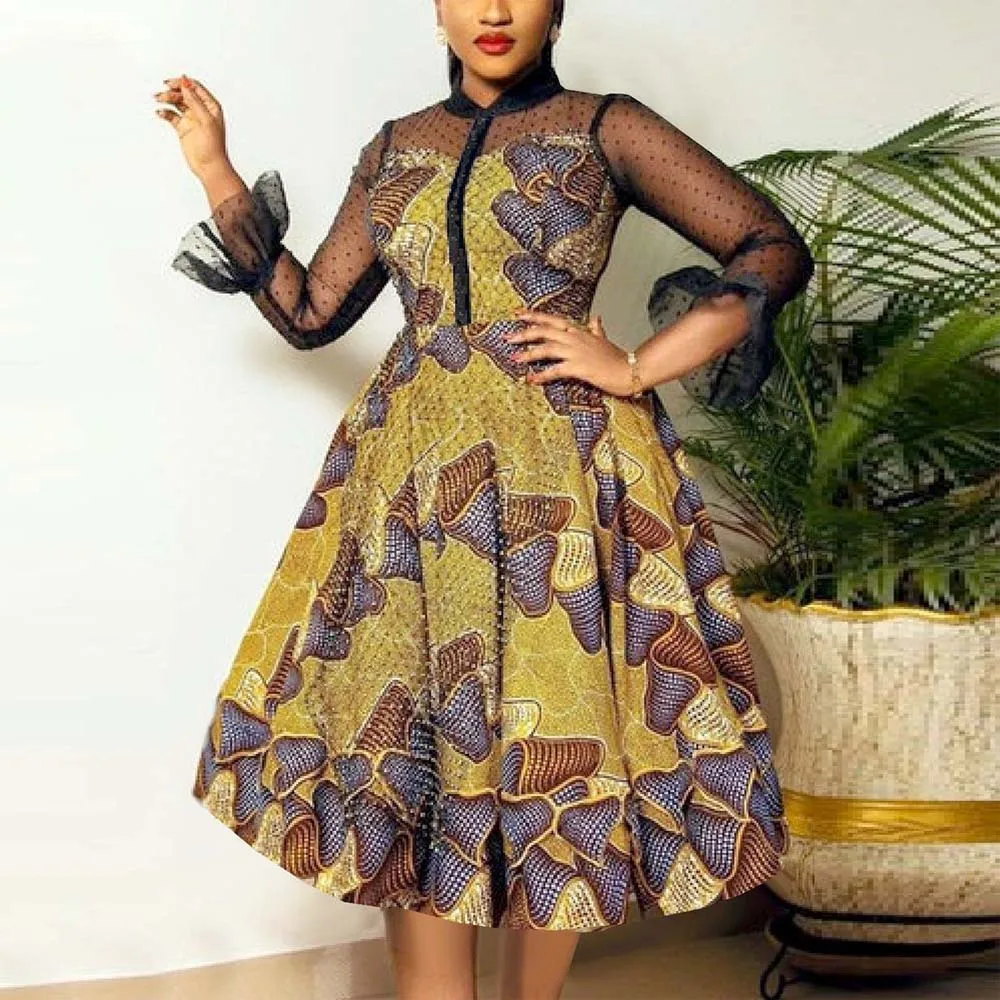 

Elegant Party Dresses for Women Luxury Woman 2024 Yellow Printed Transparent Full Sleeve A Line Mid Calf Birthday Dinner Dress