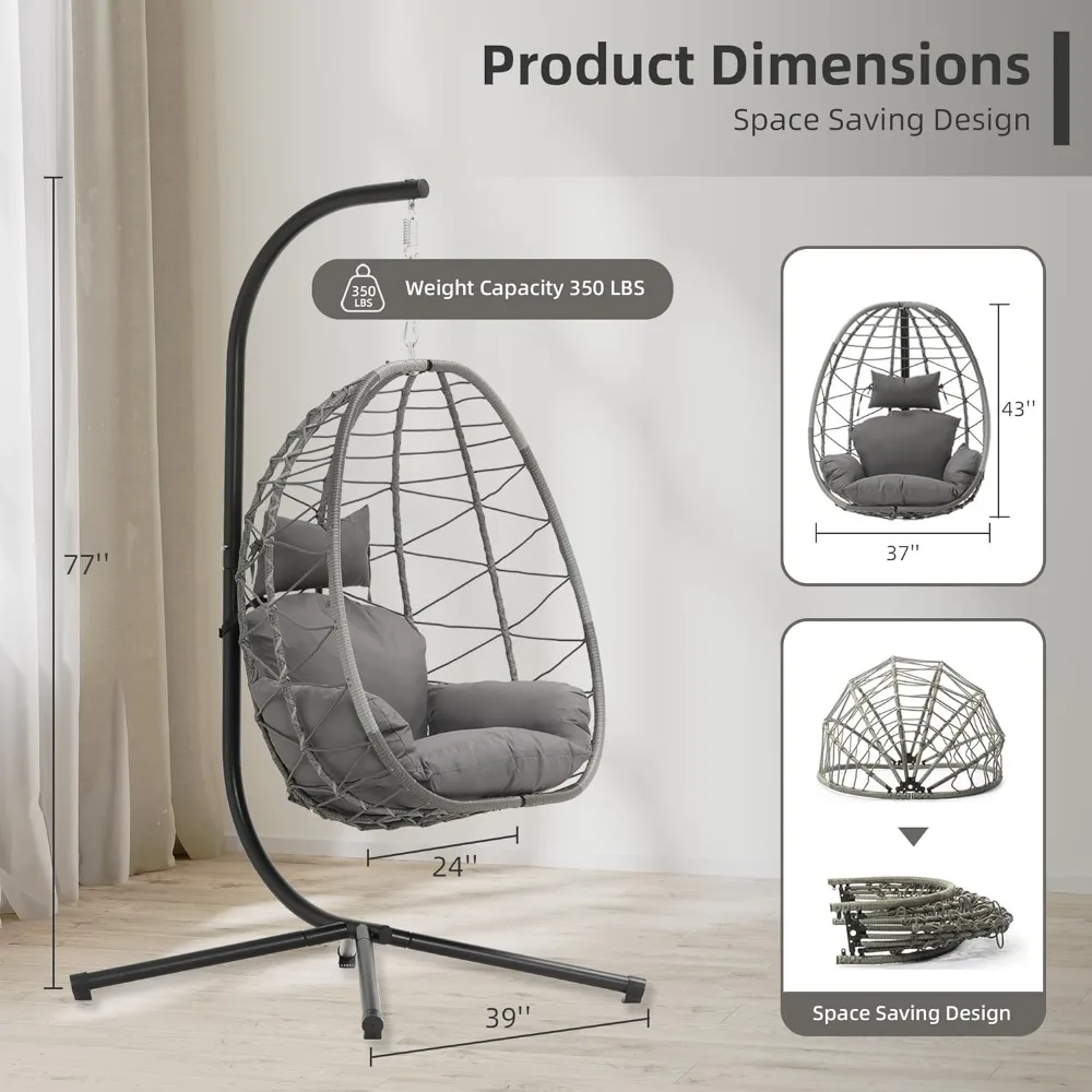 Egg Chair with Stand, Hammock Hanging Chair Nest Basket, UV Resistant Removable & Washable Cushions,350LBS Capacity Egg Chair