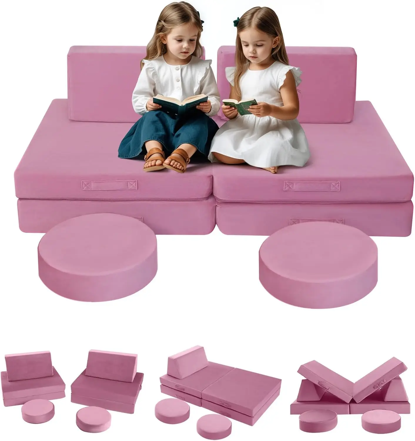 8-Piece Modular Kids Play Couch Sofa – Pink Convertible Toddler Couch for Playroom, Fold-Out Foam Baby Couch Play Set