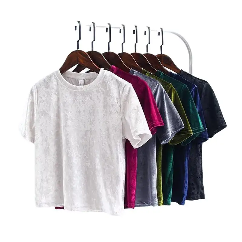 

Sexy Velvet O-Neck Pullover Slim Short T-Shirt Back Split Crop Short Sleeve Street Women Velour Casual Tee Tops 6 Colors femme