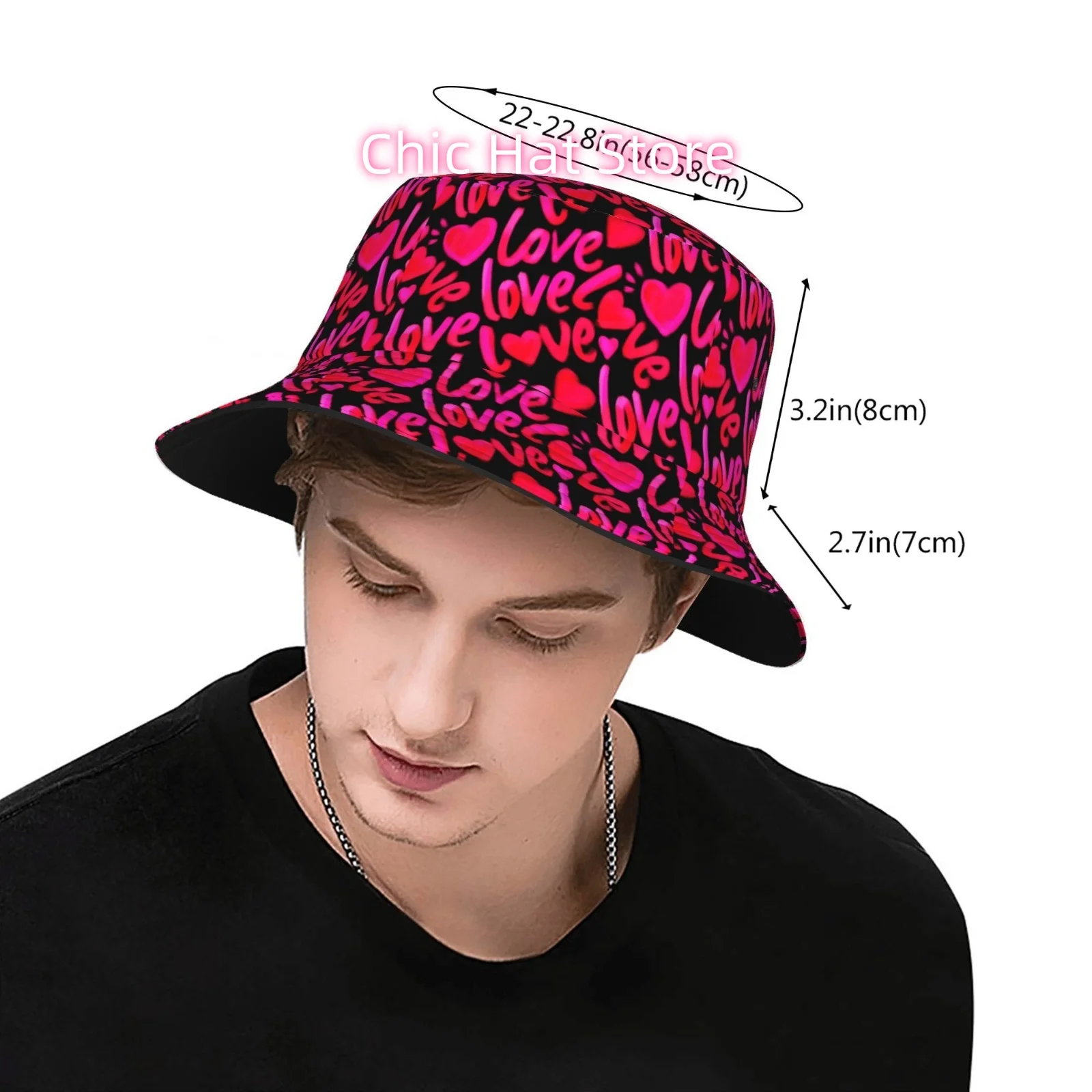 A Fully Printed Fisherman Hat Featuring Pink Love Words And Hearts on a Black Background, This Unisex Outdoor Sun Hat Is a Styli