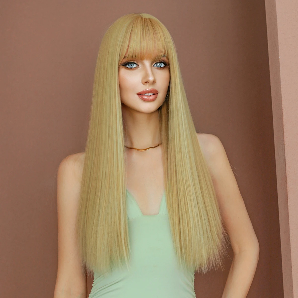 NAMM Ombre Blonde Wig for Women Daily Party Long straight Wig Natural Synthetic Hair Fashion Wig with Bangs Heat Resistant Fiber