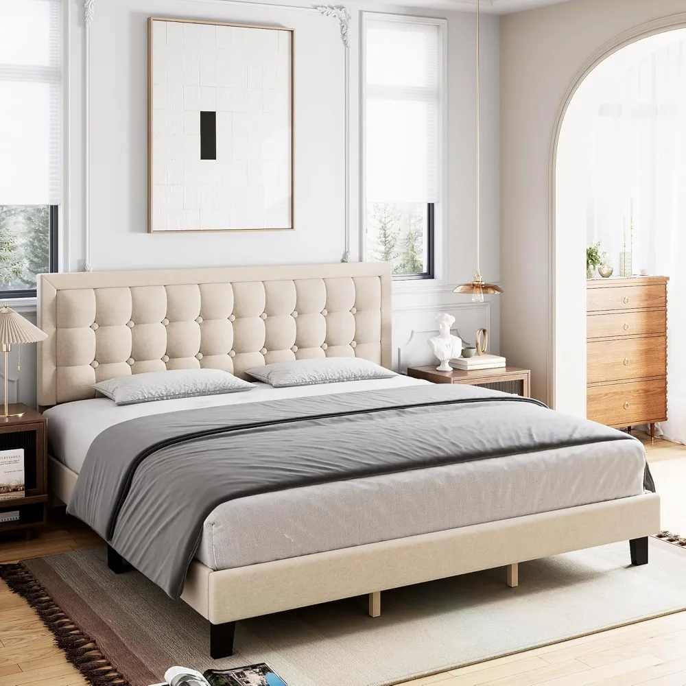 

King Size Button Tufted Platform Bed Frame, Linen Upholstered Bed Frame with Adjustable Headboard, Wood Slat Support