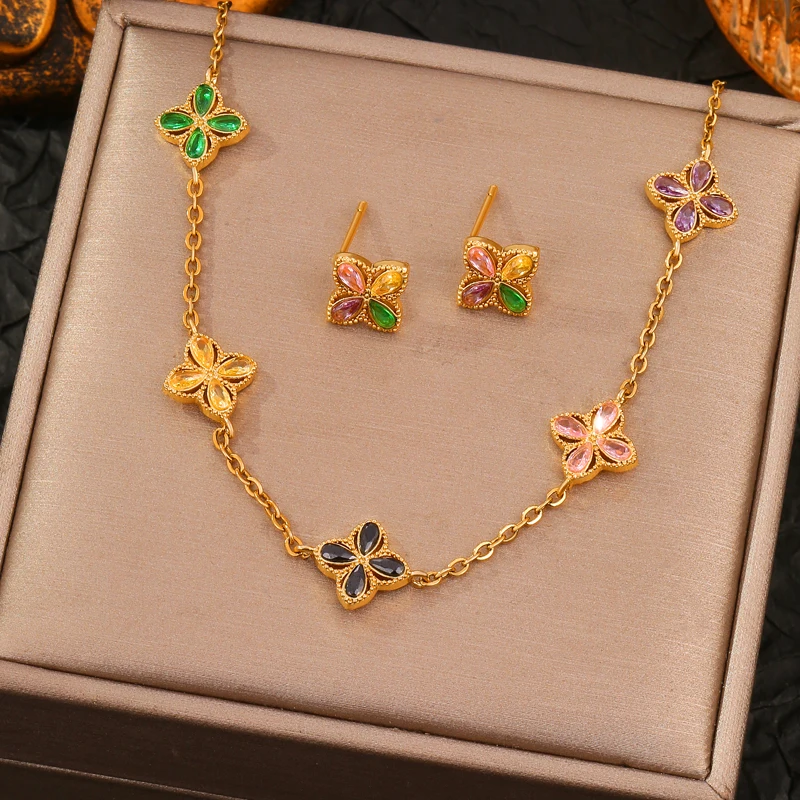 18k PVD Gold Plated Stainless Steel Four-leaf Clover Necklace Earrings Suit for Women New Trend Fashion Waterproof Jewelry Set