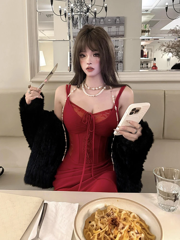 REDDACHiC vrouwen Uitgebeend Cinched Jurk Rode Stitch Kant Corset Spaghetti Band Bodycon Maxi Lange Jurk Party Sexy Zomer kleding