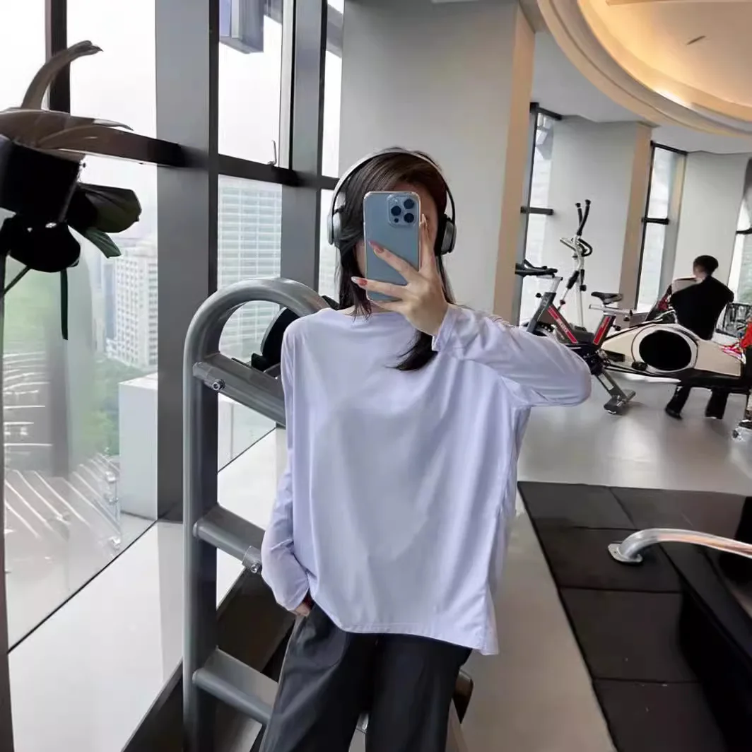 

Одежда для йоги, солнцезащитная одежда из ледяного шелка, пуловеры, спортивные нейлоновые топы, воротник с одним словом, длинные рукава, основа.