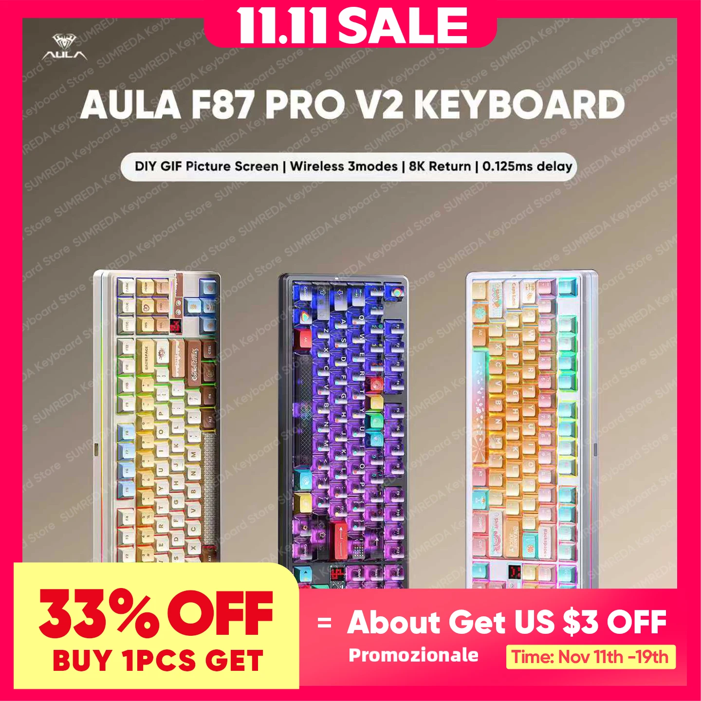 

Игровая механическая клавиатура AULA F87 Pro V2 с прокладкой, 80% раскладка TKL, 8K, 0,125 мс, задержка горячей замены, RGB, 2,4G, проводная Bluetooth-клавиатура